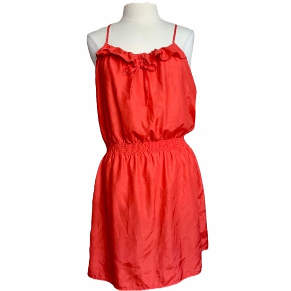 GAP Red Coral Camisole Ruffle Top Elastic Waist Satin Mini Slip Dress Size Large - Picture 1 of 8